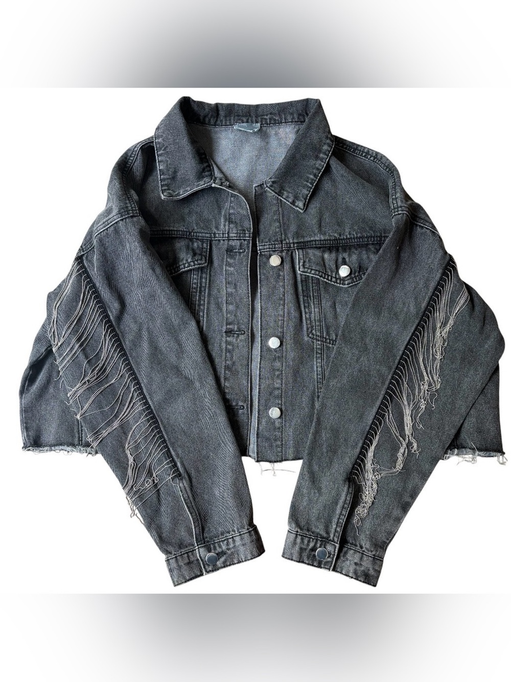 Arula Washed Black Cropped Distressed Denim Jacket Raw Hem Fringe Sleeve 14/16